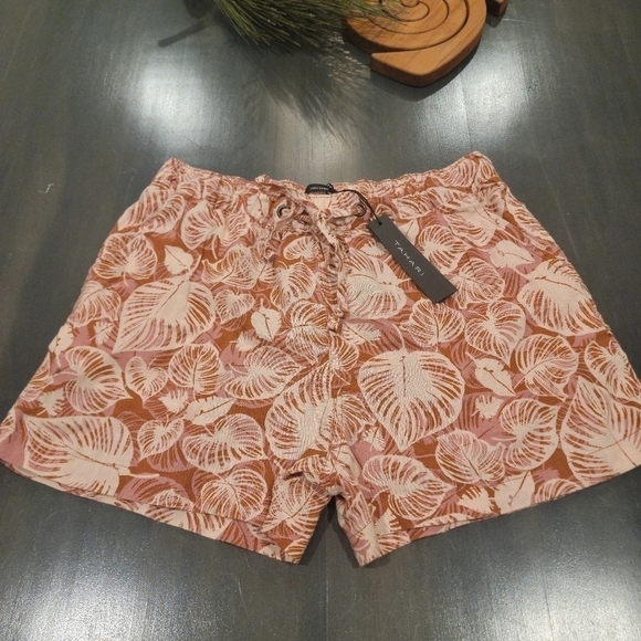 Tahari New 100% Linen Tropical Print Muted Red Pink Drawstring Shorts Size Small - Picture 5 of 11